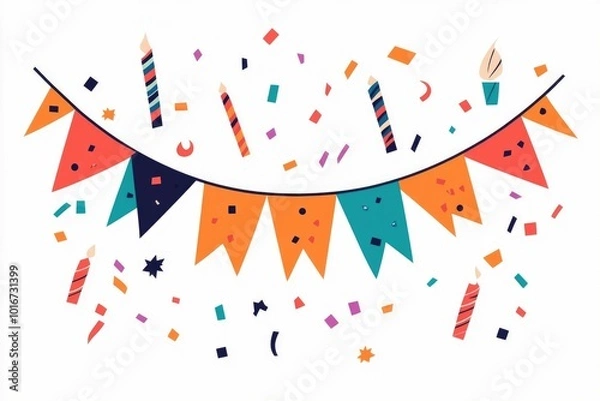 Fototapeta Vibrant and lively of a party featuring a festive arrangement of colorful streamers  confetti  and a decorative banner against a minimalistic white background