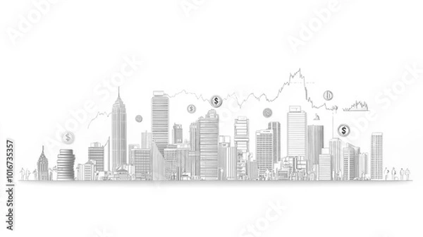 Fototapeta A digital illustration depicting coins and stacks, with city buildings, business icons, and people silhouettes illustrated in white lines on a light background.