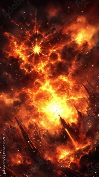 Fototapeta Molten metal flowing from a large ladle into a mold