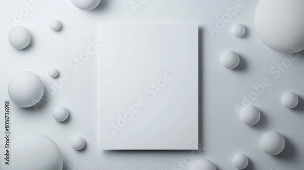 Fototapeta Minimalist design featuring blank white sheet surrounded by spherical shapes, creating serene and modern aesthetic. Ideal for creative projects or presentations