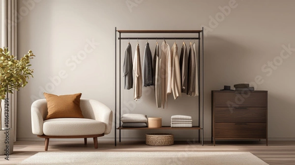 Fototapeta A stylish and modern interior featuring clothing rack with neutral toned garments, cozy armchair with an orange cushion, and wooden dresser. warm atmosphere invites comfort and relaxation