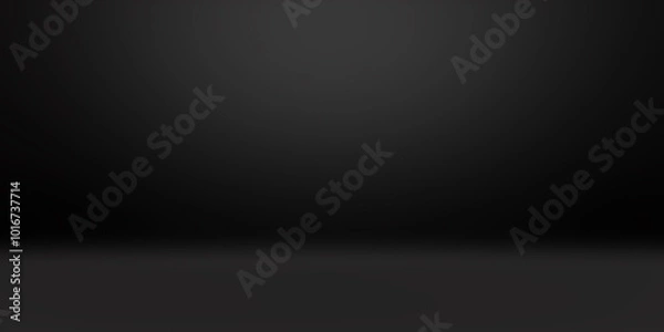 Obraz Empty black studio bg for product show. 3d render illustration of dark grey room podium background with floor and wall. Simple scene with surface for goods presentation and black friday banner.