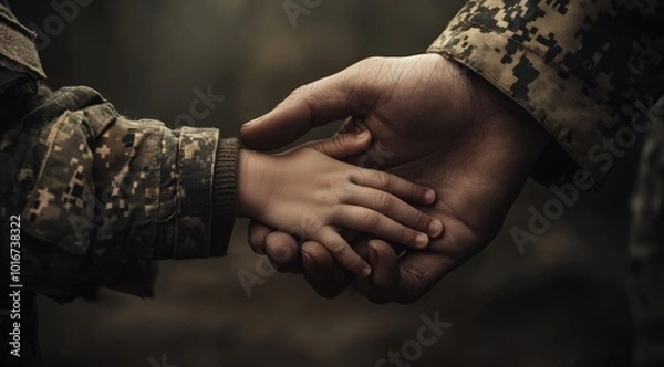Obraz A close-up of a soldier holding a child's hand, symbolizing protection, family bonds, and the emotional connection during times of conflict..