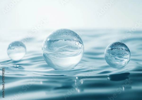 Obraz Clear water droplets create serene and tranquil atmosphere, floating gracefully on surface. soft reflections and gentle ripples enhance calming effect of this beautiful scene