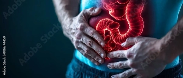 Fototapeta  A tight shot of an individual touching their abdomen, revealing a reddish, worm-like light inside