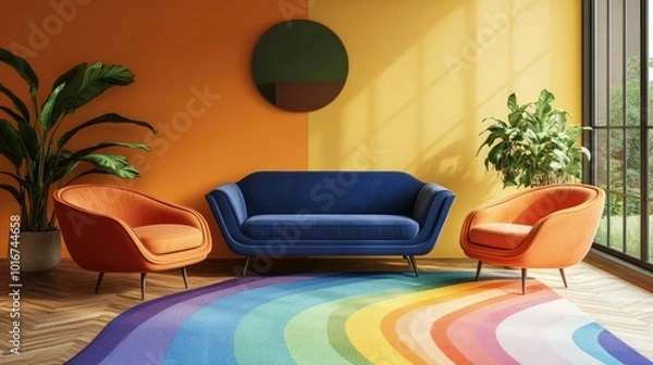 Fototapeta Modern living room interior with mid-century furniture, featuring a cozy blue sofa, vibrant armchairs, and a rainbow rug with indoor plants for a stylish look.