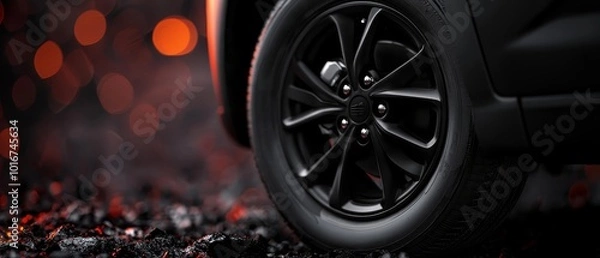 Fototapeta  A tight shot of a car tire against a black backdrop, surrounded by a hazy glow of red and orange lights in the background