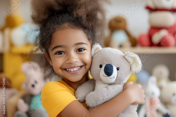 Fototapeta Smiling Child Hugging a Koala Plush Toy