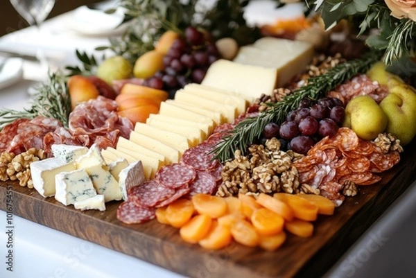 Fototapeta gourmet charcuterie display, artfully display assorted cheeses, cured meats, fruits, and nuts on a charcuterie board for an elegant presentation