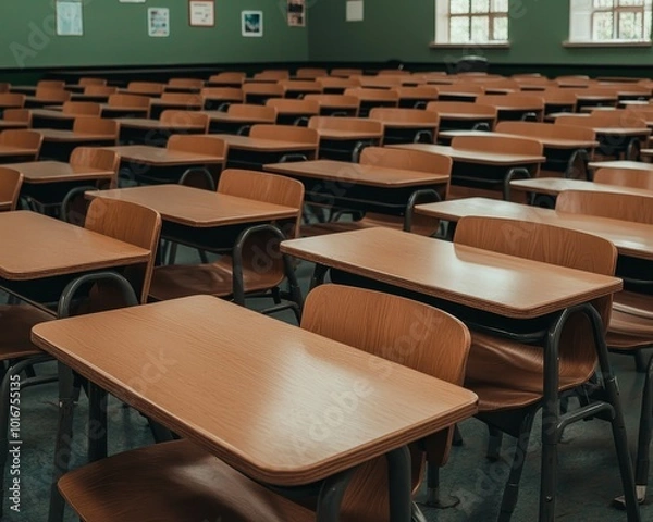 Fototapeta Minimalist Classroom Interior with Rows of Wooden Desks and Chairs in Soft Natural Light, Educational Concept