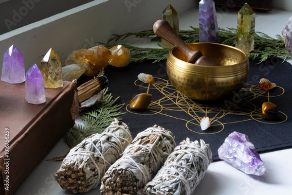 Fototapeta A close up image of a brass meditation singing bowl on a crystal grid with healing crystals and sage smudge sticks. 