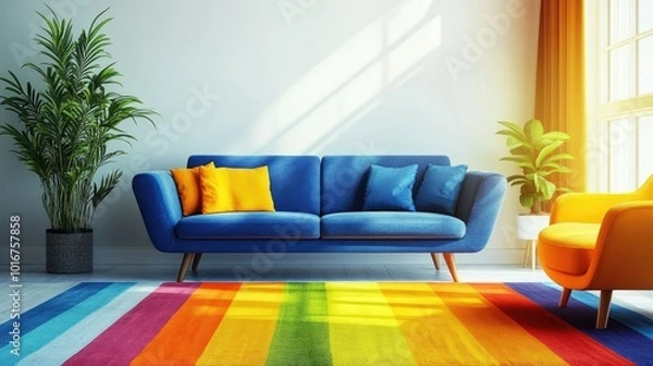 Fototapeta Bright and modern living room interior with a blue sofa, vivid armchairs, rainbow rug, and green plants, reflecting Scandinavian mid-century style.
