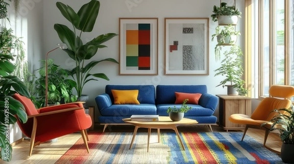 Fototapeta Bright, Scandinavian living room with a blue sofa, bold armchairs, colorful rug, and green plants, showcasing mid-century furniture design.