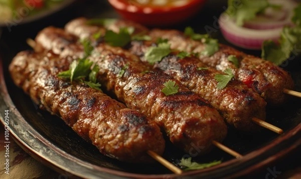 Fototapeta Grilled skewers of meat with fresh herbs and onions on a black plate.