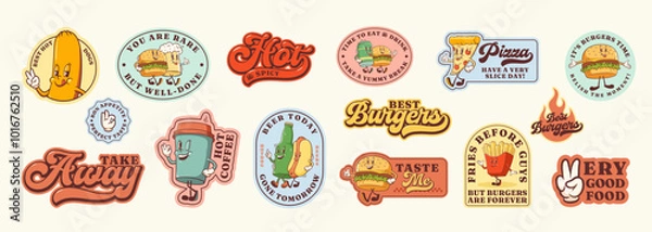 Fototapeta Groovy Burger Retro Character Stickers Set. Cartoon Hamburger, Pizza, Coffee, Hot Dog and Beer Smiling. Vector Street Food Mascot Templates Patches Collection. Vintage Fast Food Illustrations Isolated