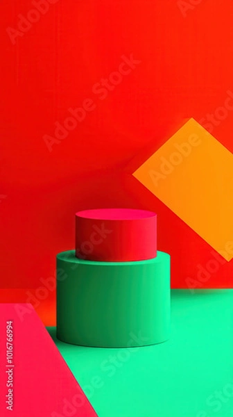 Obraz Vibrant geometric shapes in red, green, and yellow create striking visual.