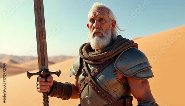 Fototapeta A grizzled warrior with a long white beard stands in a desert, holding a sword, ready for battle