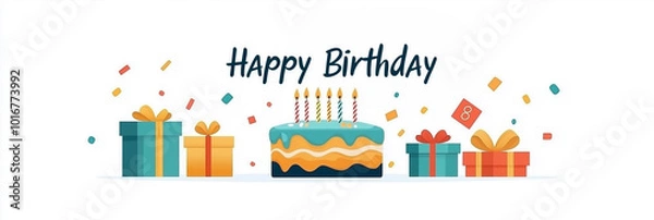 Obraz A cheerful birthday illustration featuring a colorful cake with candles and wrapped presents.