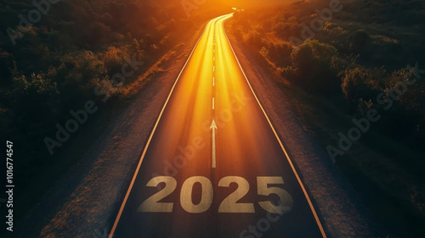 Obraz 2025 New Year road trip travel and future vision concept . Nature landscape with highway road leading forward to happy new year celebration in the beginning of 2025 for fresh
