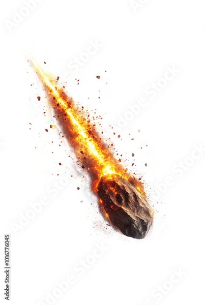 Fototapeta A falling meteorite, a fiery trail behind the meteorite, high detail, white background