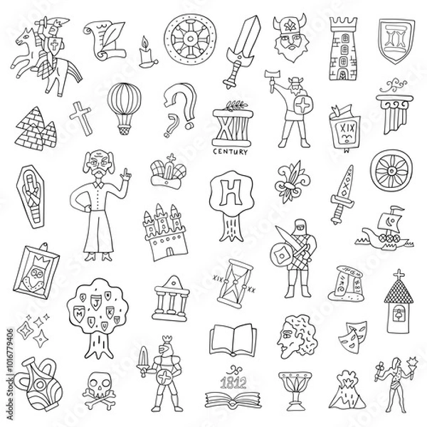 Fototapeta Symbols of history doodle set, hand drawn people characters, historical monuments, objects and signs isolated vector elements
