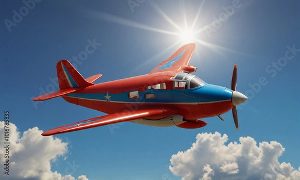Fototapeta Vibrant Red and Blue Airplane Flying Through a Clear Sky with Sunlight Shining Brightly