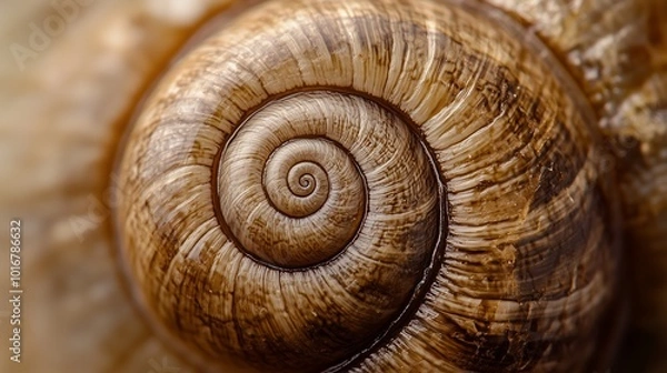 Fototapeta A spiral shell with a brown and tan color. The shell is very detailed and has a lot of texture