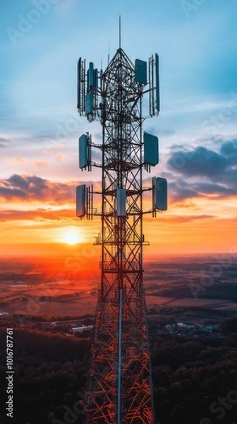Fototapeta Telecommunication tower with cellular antennas for 5g, 4g, 3g mobile internet