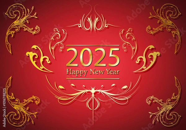 Obraz Felicitación de año nuevo, navidad y 2025 dorado sobre rojo