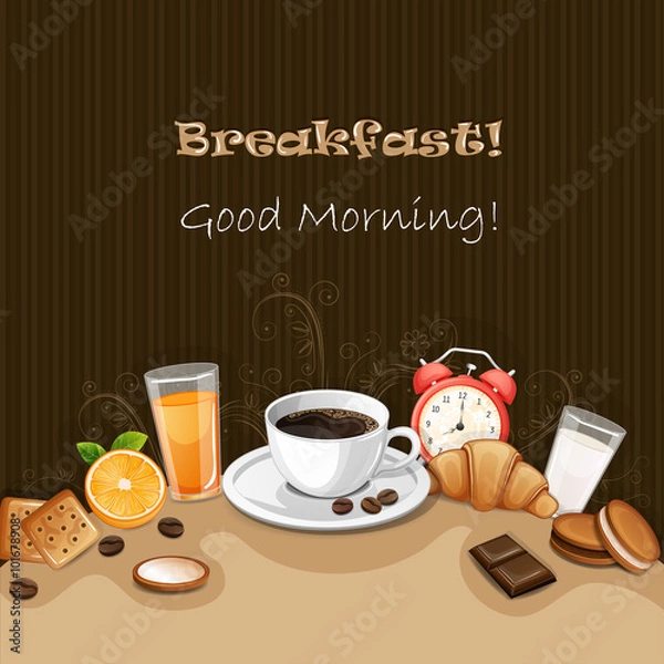 Obraz Breakfast background with coffee ,croissant,biscuits and cookies.