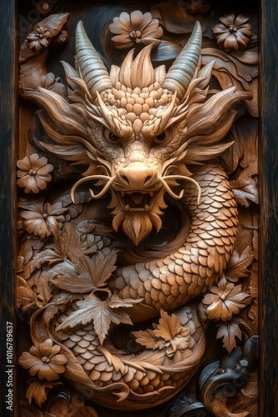 Fototapeta A hand-carved wood art piece featuring a Yokai dragon, with smooth, flowing textures in its scales that appear carved and polished. Surrounding the dragon are intricate nature-inspired details 