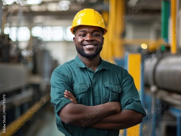 Obraz portrait of cheerful african american factory worker. wearing hard hat and work clothes, standing confidently beside production line. industrial setting with warm, natural lighting.