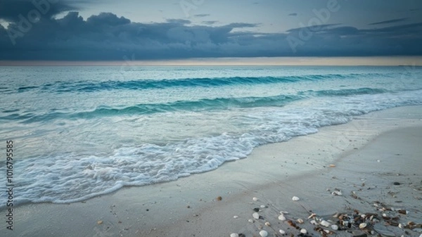 Fototapeta A photograph of a beautiful soft blue ocean wave gently lapping against the fine sandy beach. The water is clear, and the sand is lightly dotted with seashells. The sky is overcast, with dark clouds