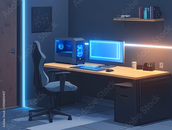 Fototapeta Modern Gaming Desk with Blue Neon Lights, Apple MacBook Pro, and Dual Monitors