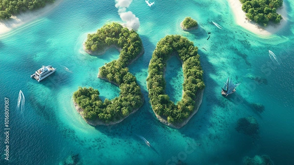 Obraz Aerial view of lush green islands forming the number 30 in a tropical paradise surrounded by vibrant blue waters and boats