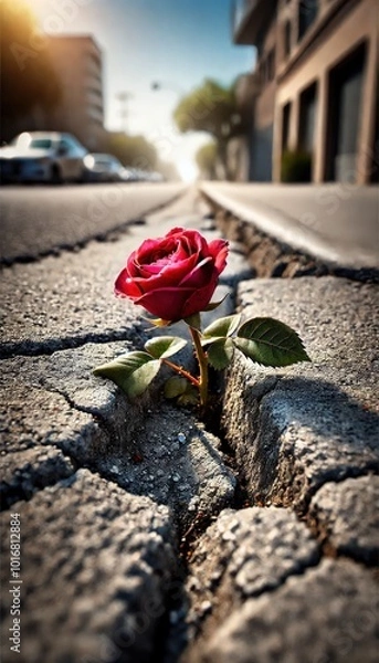 Fototapeta Single red rose growing through cracked urban sidewalk, symbolizing resilience and beauty, close-up vertical shot with blurred cityscape in the background, vibrant bloom against harsh concrete