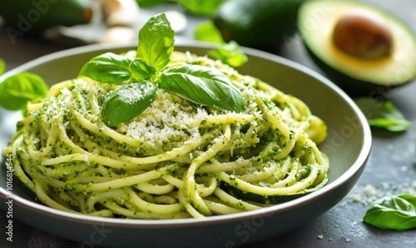 Fototapeta A plate of spaghetti with avocado pesto, garnished with basil and parmesan cheese.