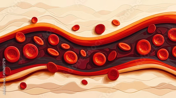 Obraz Stylized illustration of red blood cells flowing through blood vessel, showcasing vibrant colors and smooth lines. This artwork captures essence of circulation and vitality