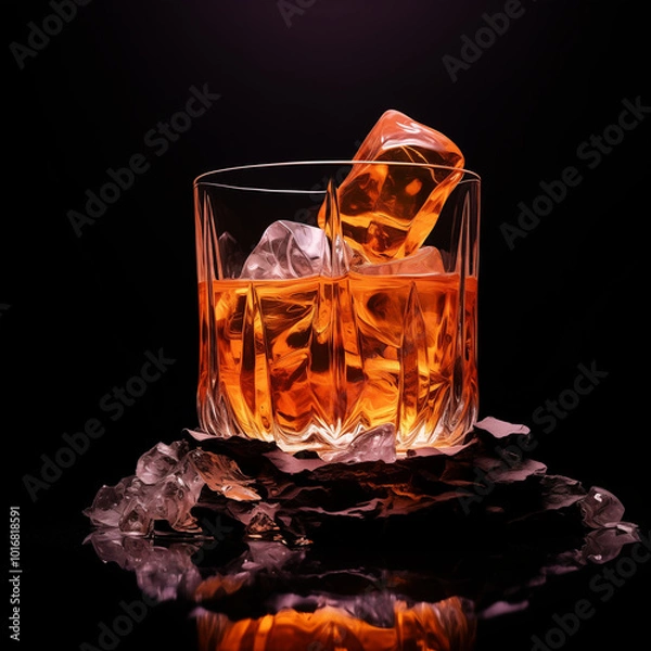 Obraz Crystal Glass of Whiskey with Ice, Highlighting the Rich Amber Tones and Textured Glass Design