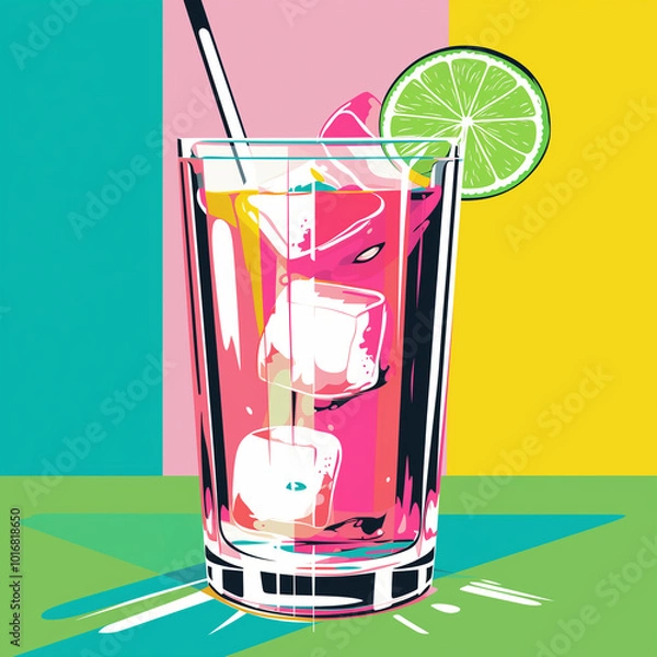 Obraz Tropical Pink Cocktail with Ice Cubes, Lime Slice, and Straw – Vibrant Summer Drink Illustration for Bar Menu and Refreshing Beverage Design 1960-1980 style