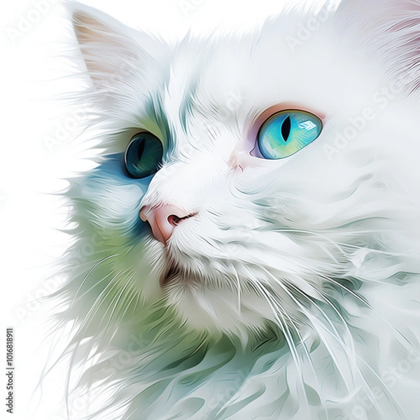 Obraz White Long‑Haired Cat with Bright Blue Eyes – Close‑Up Pet Portrait on White Background