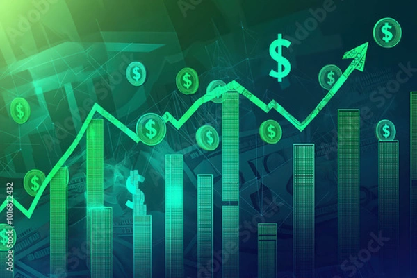 Obraz A green background with a graph of money going up and a dollar sign