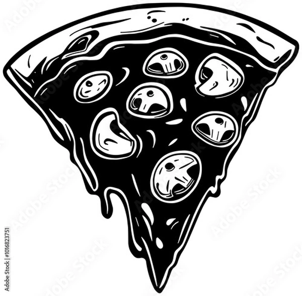 Fototapeta Illustration in black of a slice of pizza with cheese dripping, isolated 