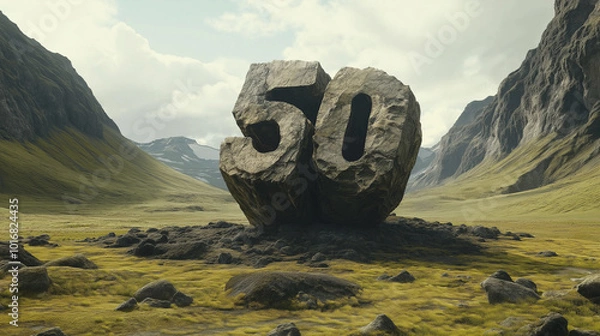 Fototapeta A large rock formation displaying the number 50 stands prominently in a green valley surrounded by mountains under cloudy skies