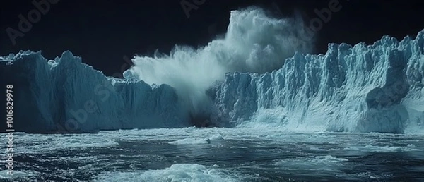Fototapeta Dramatic glacier calving event with chunks of ice breaking off and crashing into the ocean