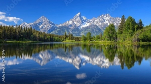 Fototapeta Serene Lake with Towering Snow-Capped Mountains