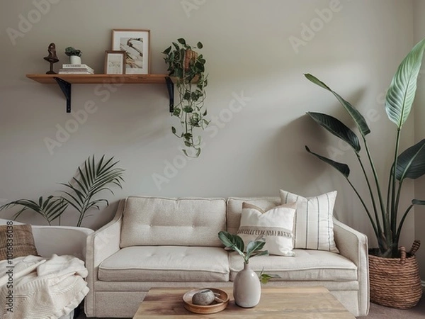 Fototapeta Cozy Neutral-Toned Living Room Decor with Lush Green Plants, Natural Materials, and a Peaceful Atmosphere - Perfect Blend of Comfort and Style for Modern Interiors