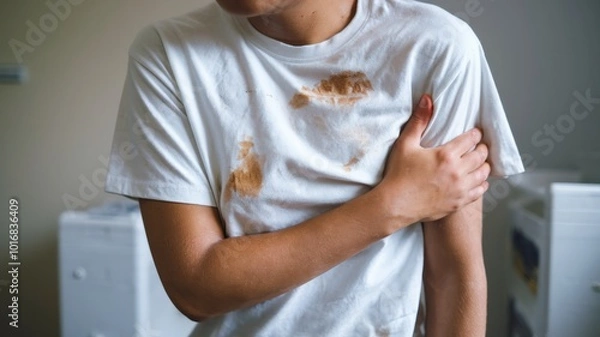 Fototapeta A photo of a person wearing a white t-shirt with visible stains. They are holding their left side, possibly indicating discomfort or pain. The background is an indoor setting with a light-colored wall