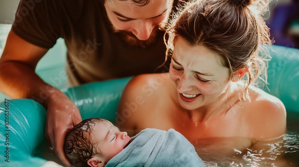 Fototapeta Water birth. Home birth. A woman cradles a newborn baby wrapped in a towel while sitting in a birth pool. Her husband is next to her sharing this joyful moment.
