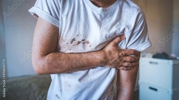Fototapeta A photo of a person with a white t-shirt showing some stains. They are holding their left side, indicating discomfort or pain. The background is an indoor setting with a light-colored wall and a white